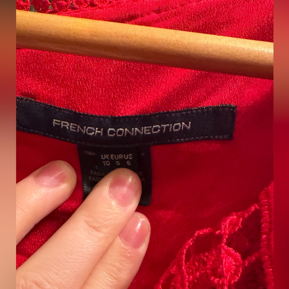 French Connection Lace Red Balloon Sleeve V-Neck Dress - Picture 10 of 13